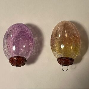 2 Vintage Crackle Glass Eggs Kugel Style Iridescent Ornaments, Yellow, Purple